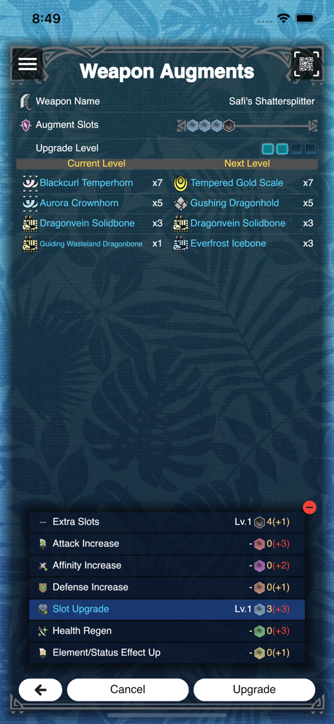 GameCat: MHW - Interface of GameCat MHW showing weapon augment details and upgrade materials for Safis Shattersplitter