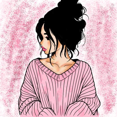 realistic girl wearing a messy bun and an oversized sweater