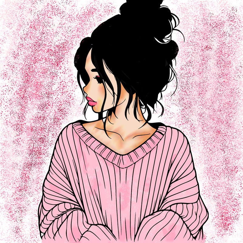 realistic girl wearing a messy bun and an oversized sweater