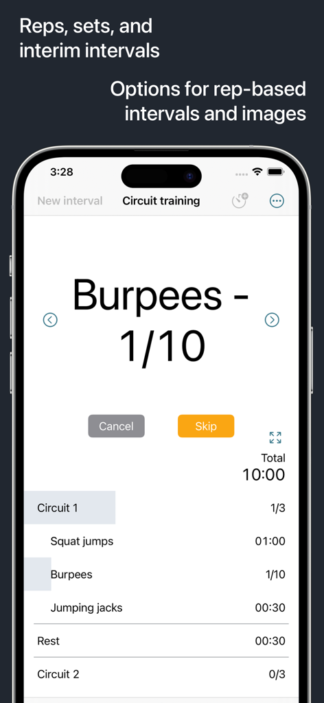 Next Up Pro - Interval Timer - Next Up Pro interval timer app displaying a burpee rep counter and circuit training list.