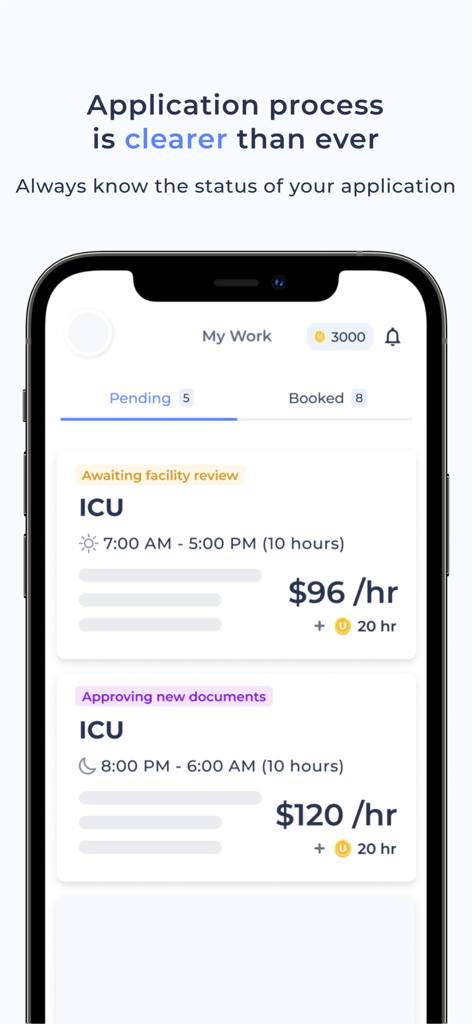 uPaged - uPaged mobile app interface showing a list of pending nursing shift applications for ICU roles with hourly pay rates and status updates.