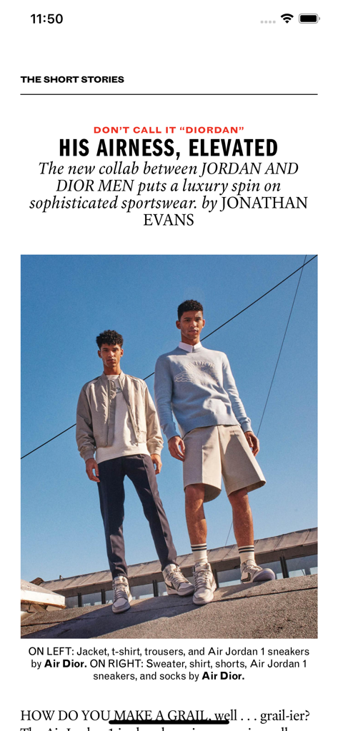 Captura de pantalla de un artículo sobre la colaboración de Jordan y Dior Men en la aplicación Esquire Magazine.