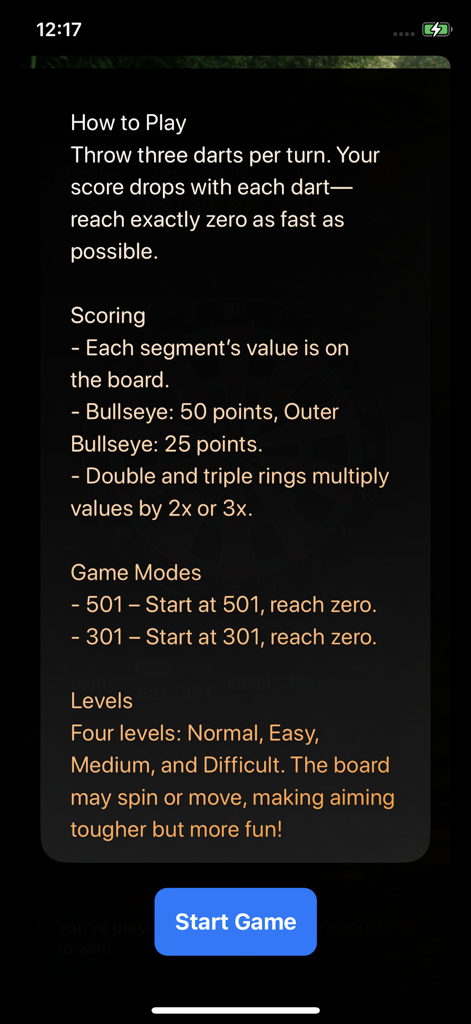 Darts - How to play screen for the Darts mobile game showing rules scoring and game modes