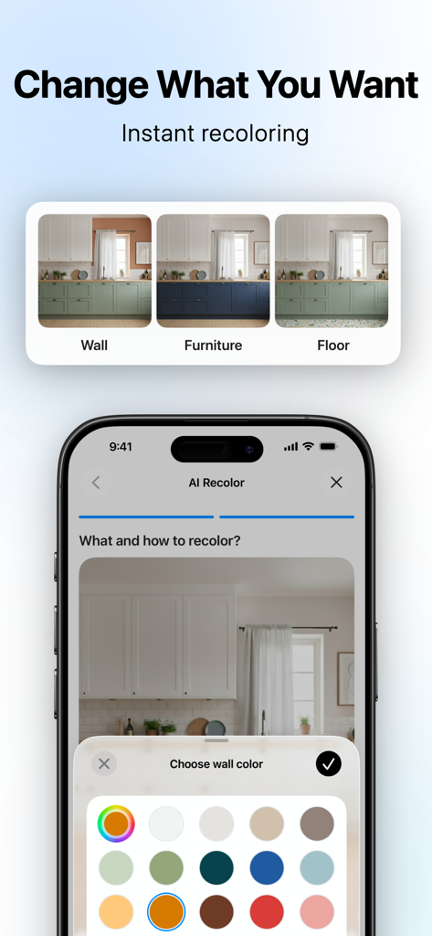 Home & Room AI Interior Design - Roomish AIアプリのユーザーインターフェース、AIを使用してキッチンの壁、家具、床の色を瞬時に変更するオプションを表示