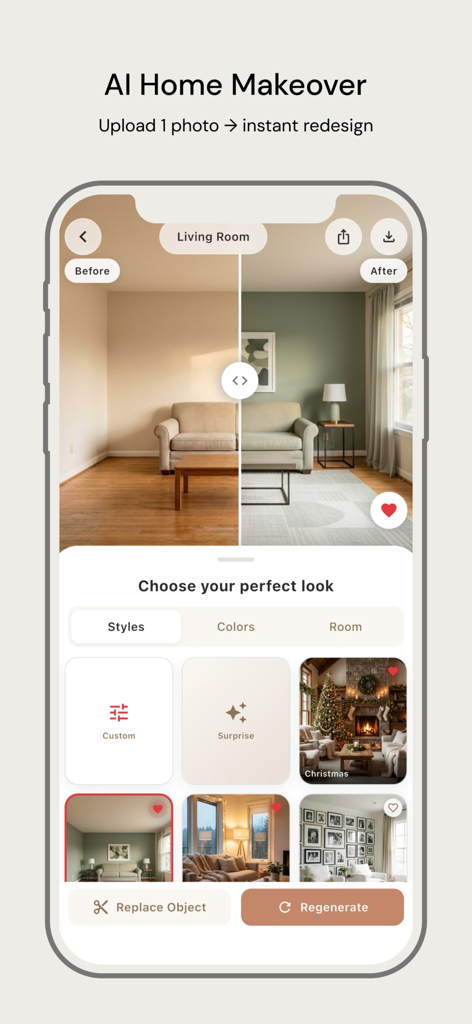 Archify: AI Home Design - Interface de l'application Archify montrant une comparaison avant/après d'une métamorphose de salon par IA