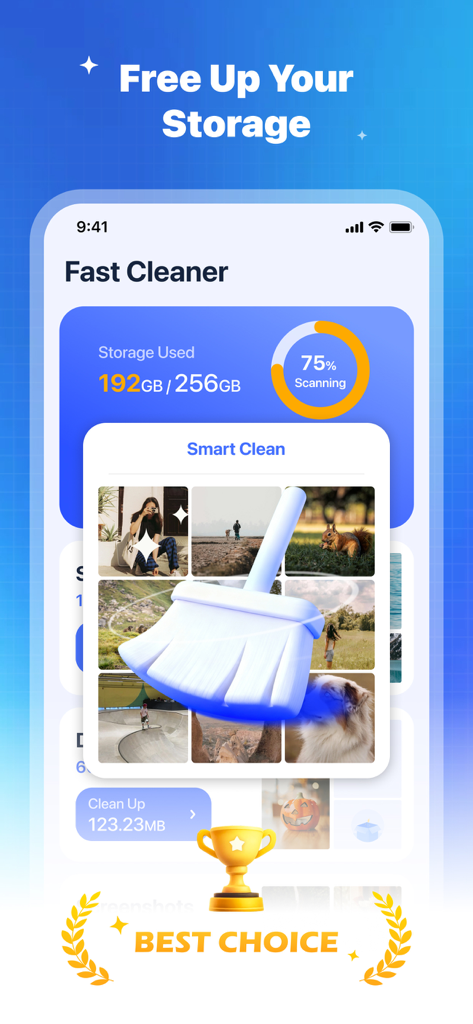 Fast Cleaner mobile app interface showing smart storage cleaning feature
