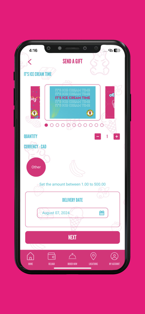 Marble Slab - Marble Slab app screen showing options to send a digital gift card with a custom amount and delivery date