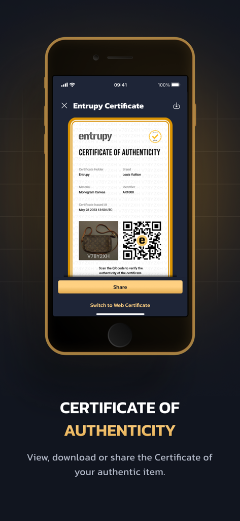 Entrupy - Captura de tela do aplicativo Entrupy mostrando um certificado digital de autenticidade para um item de luxo