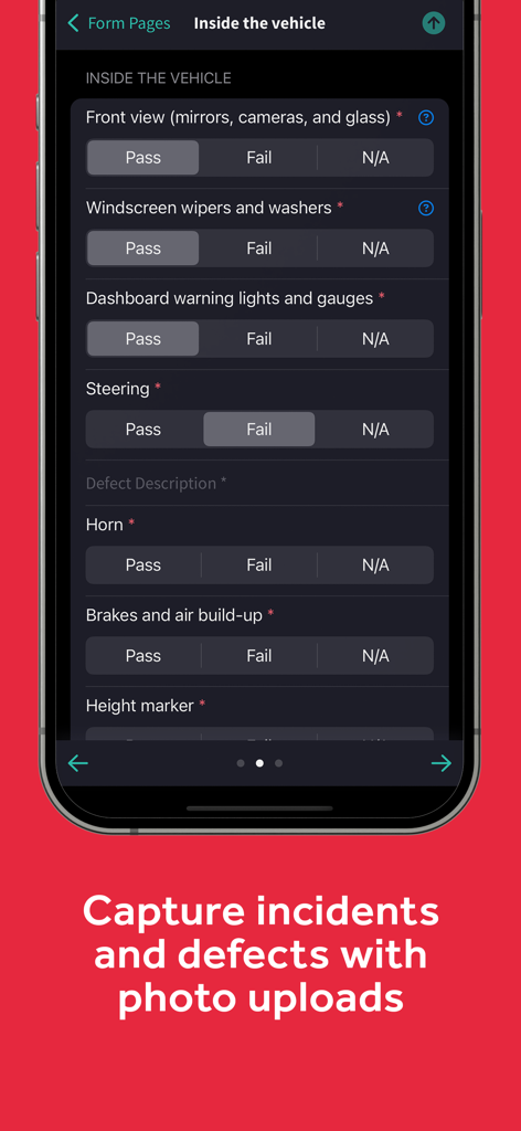 FleetWave Driver - FleetWave Driver mobile app interface showing a vehicle safety inspection checklist for drivers.