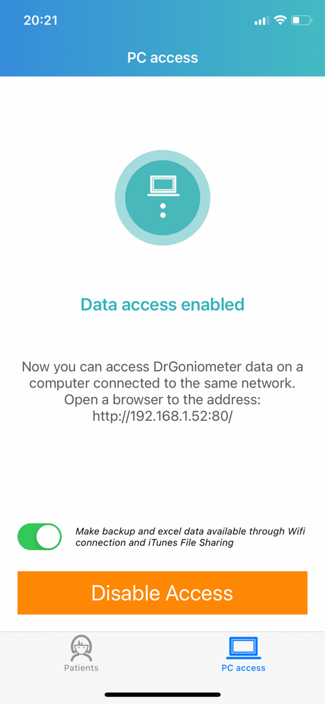 DrGoniometer - DrGoniometer app screen showing PC access enabled for medical data transfer and backup