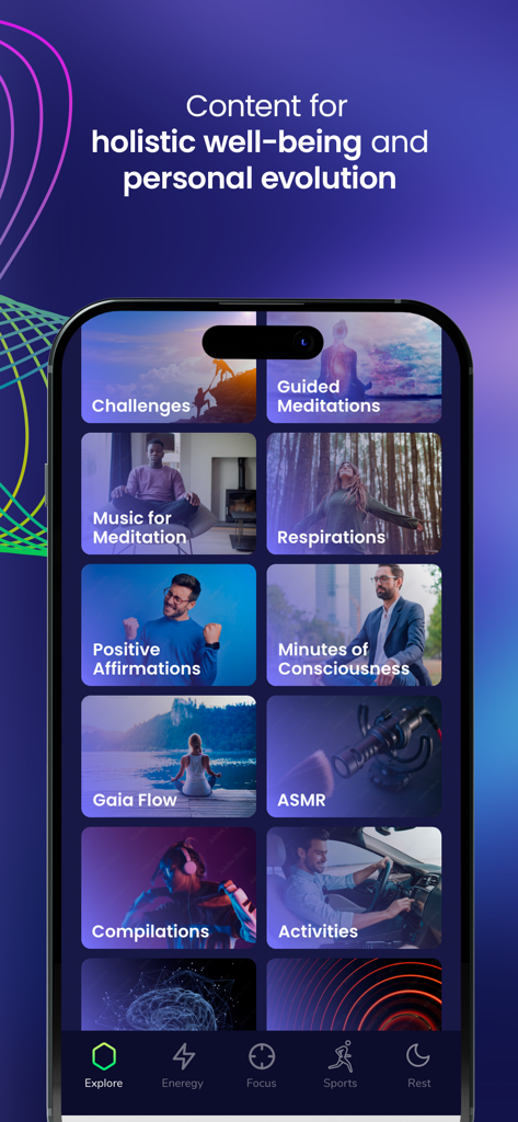 Aloharmony - Interfaz de la aplicación Aloharmony que muestra una cuadrícula de categorías de bienestar, incluyendo meditaciones, respiraciones y afirmaciones