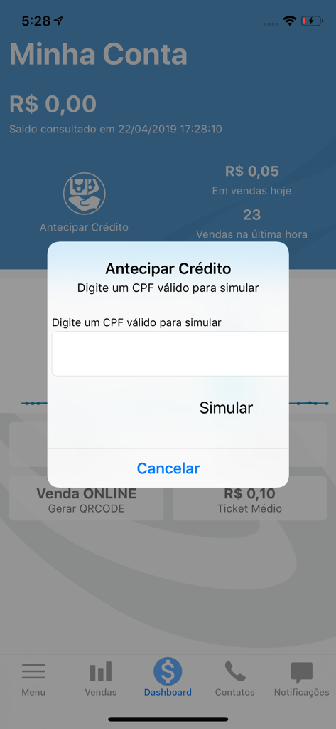 Painel do aplicativo ValeShop Beneficios com um pop-up para simulação de antecipação de crédito