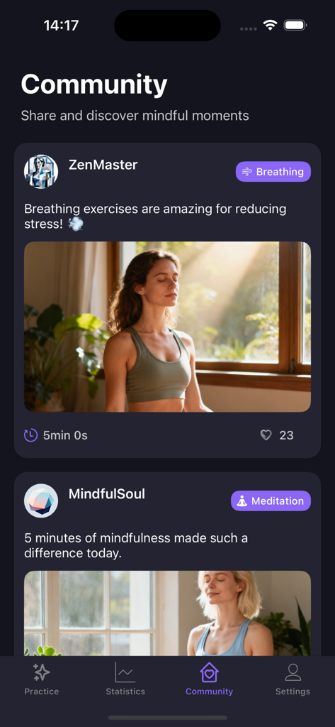 ユーザーが呼吸法や瞑想セッションなどのマインドフルな瞬間を共有および発見するOwenアプリのコミュニティフィード