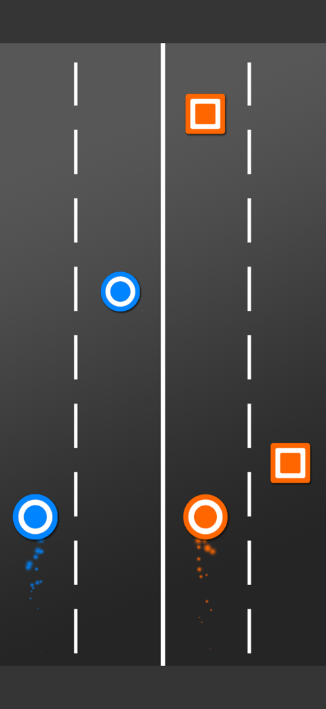 Puntos azules y naranjas navegando por carriles para recoger círculos y esquivar cuadrados.