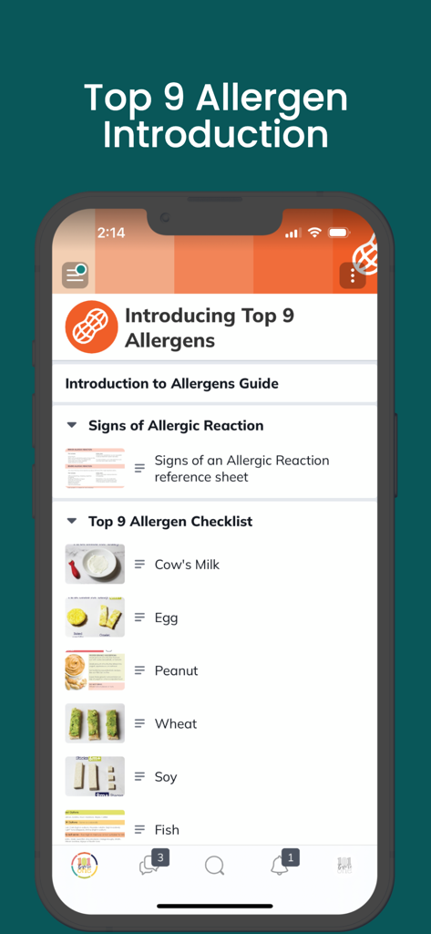 L'application 101 avant un an montrant le guide d'introduction des neuf principaux allergènes et une liste de contrôle des aliments pour bébés