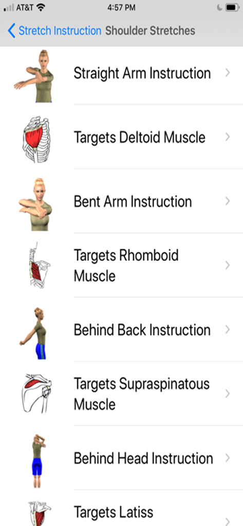 Uma lista de instruções de alongamento dos ombros com diagramas anatômicos dos músculos visados, como deltoides e romboides.