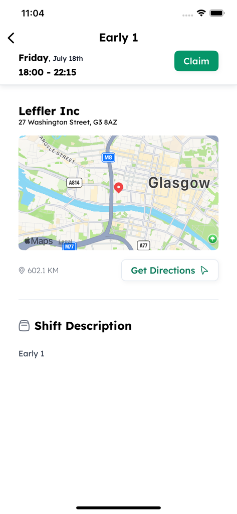 Mobile app screen displaying shift details for an early work shift with a map and a green claim button