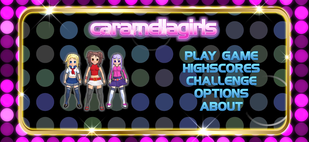 Caramella Girls Game - 3体のアニメキャラクターとナビゲーションボタンが表示されたCaramella Girls Gameのメインメニュー画面