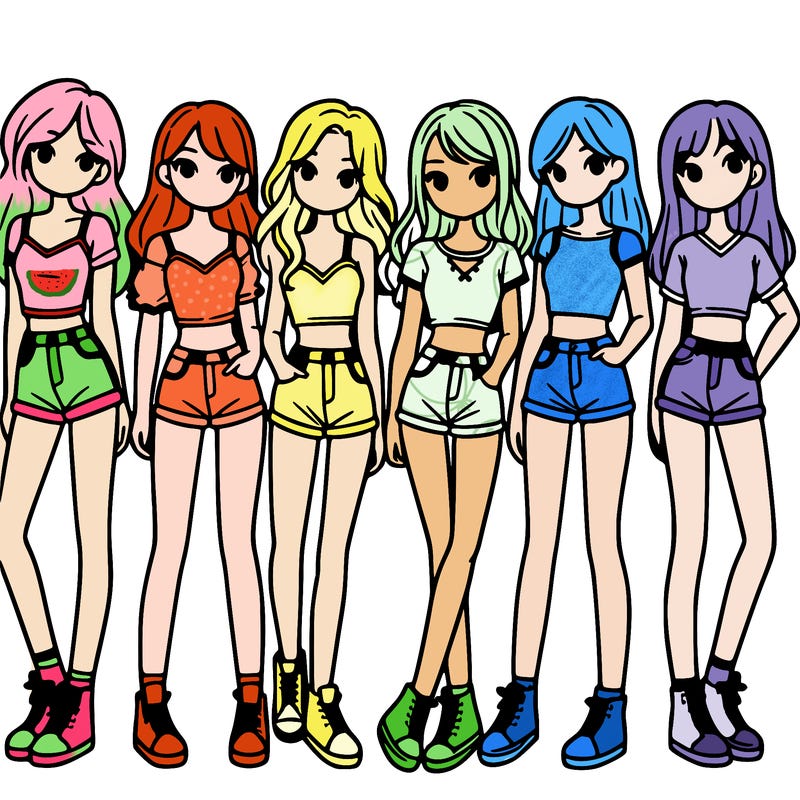 a group of girls wearing crop tops and shorts