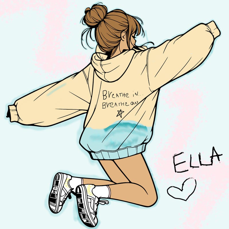 realistic girl jumping with a bun and oversized sweatshirt