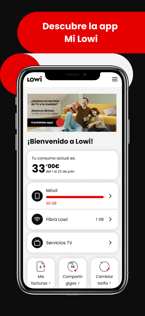 Mi Lowi - Mi Lowi mobile app dashboard showing account usage and services