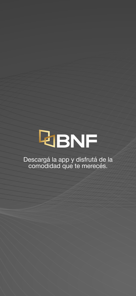 BNF Paraguay - BNFパラグアイアプリのスプラッシュスクリーン。銀行のロゴとスペイン語のプロモーションテキストが表示されています。