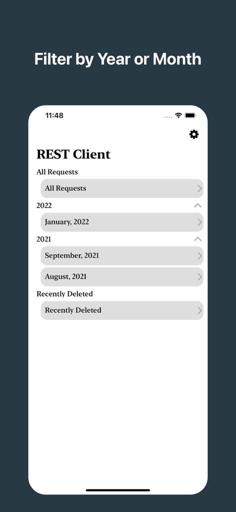 REST API Clientインターフェースに、年と月で整理およびフィルタリングされたAPIリクエストが表示されています