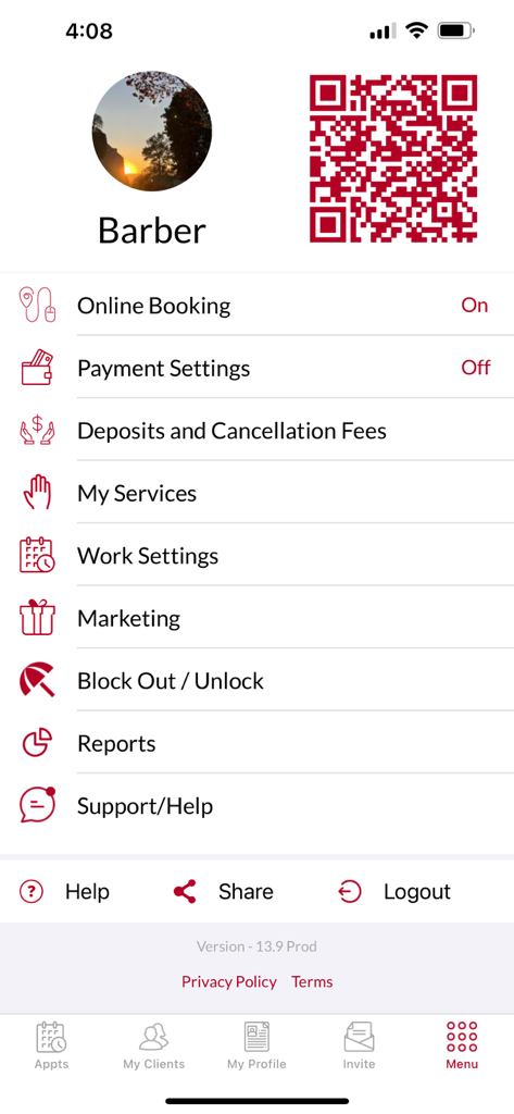 Ring My Barber: Booking App - Ring My Barber app menu screen showing professional management settings for online booking and payments