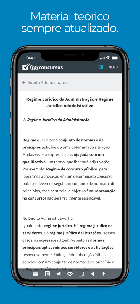 Tec Concursos - Tec Concursos mobile app displaying a page of theoretical study material on Administrative Law in Portuguese.