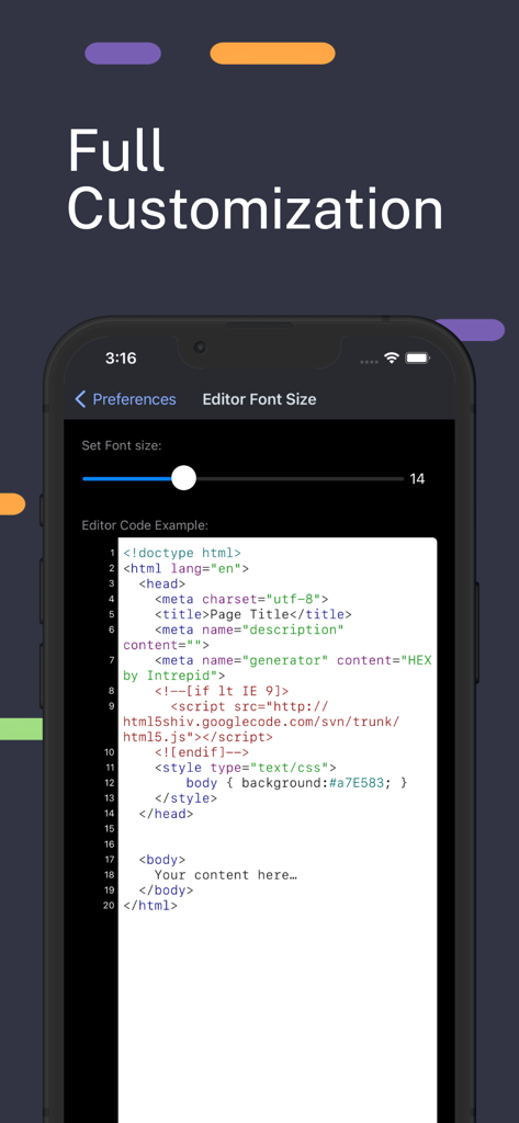 HTML Editor app interface showing options to customize editor font size with a code preview