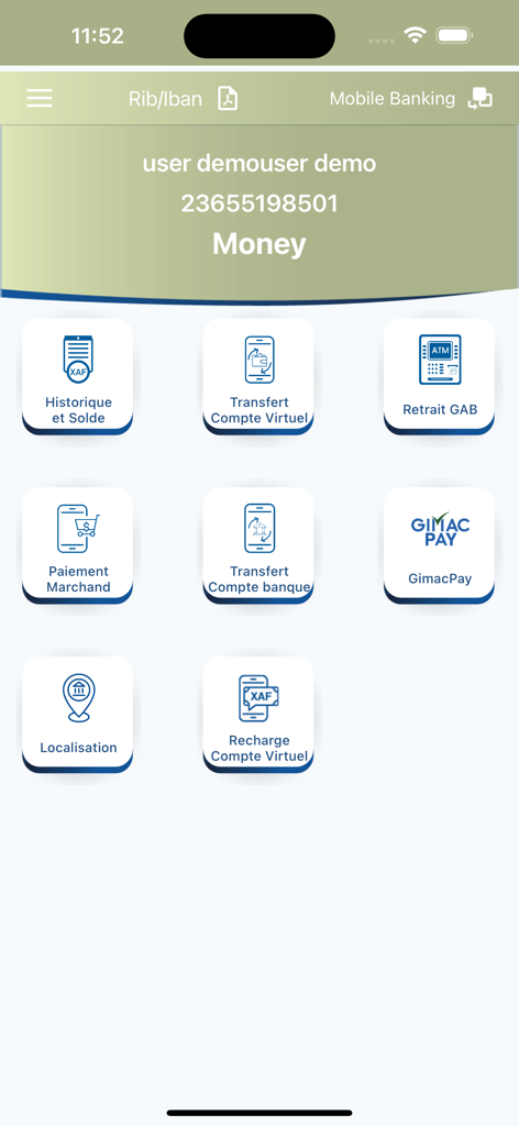 Menú principal de la aplicación de banca móvil BGFIMOBILE CENTRAFRIQUE que muestra varios servicios financieros