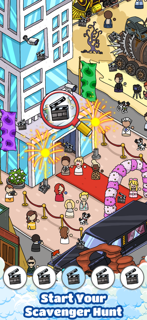 Scavenger Hunt－Hidden objects! - Una colorida escena de estreno de película en el juego de objetos ocultos Búsqueda del Tesoro con una lupa resaltando una claqueta