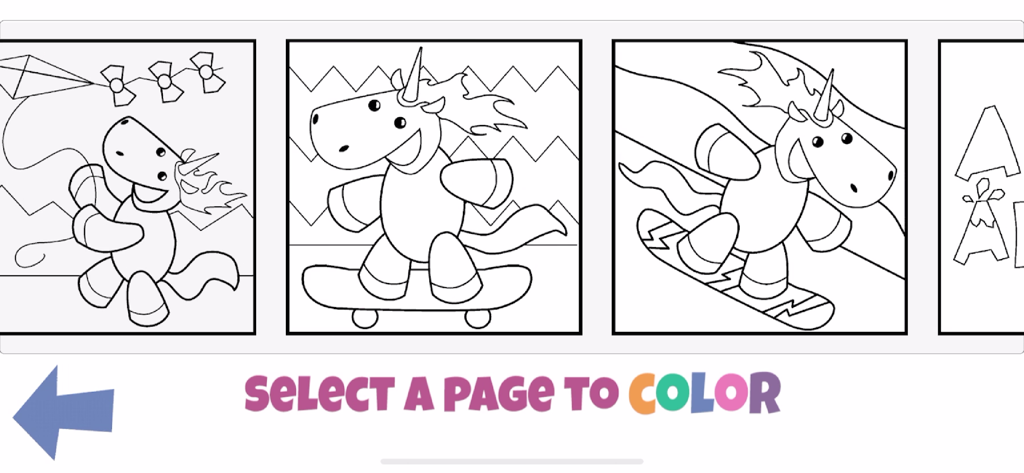 Selection screen for unicorn coloring book pages showing a unicorn flying a kite, skateboarding, and snowboarding