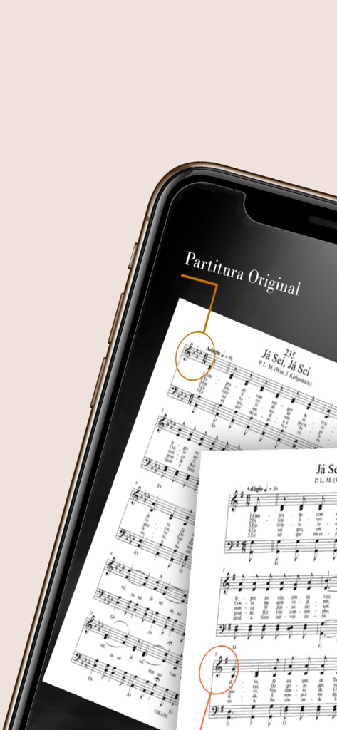 Harpa Cristã em Clave de Dó - Aplicativo Harpa Crista mostrando partitura original em tela de smartphone