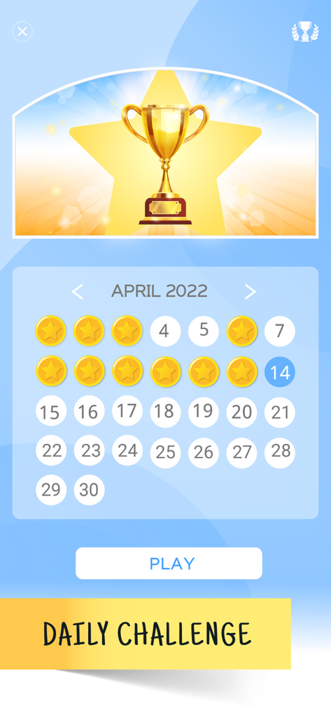 Sudoku: Classic Brain Puzzle - A daily challenge calendar view in the Sudoku app showing completed puzzles with gold stars and a trophy reward.