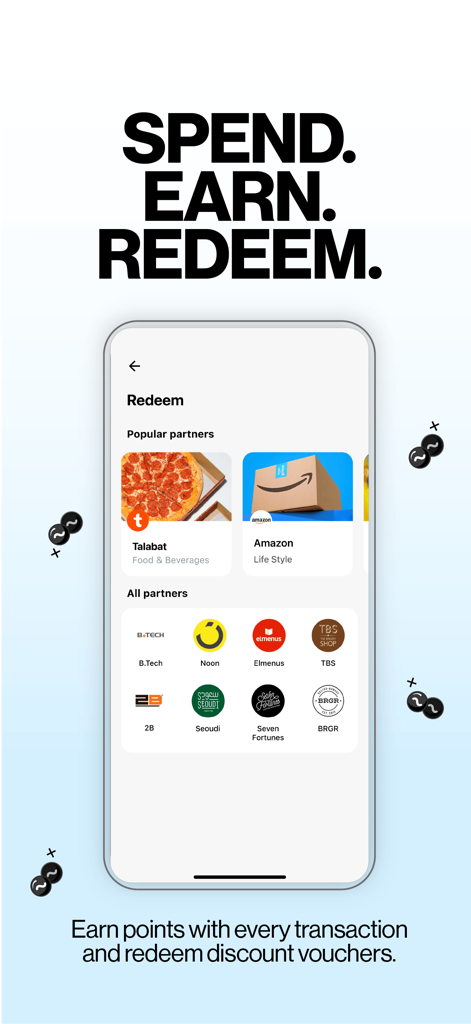 Telda - Telda-App-Bildschirm, der die Seite zur Einlösung von Prämien mit verschiedenen Partner-Marken wie Amazon und Talabat zeigt