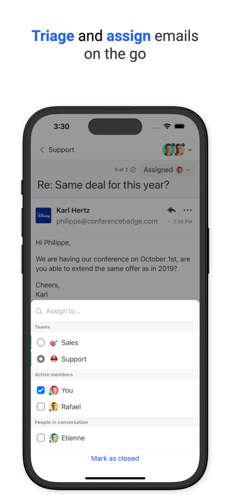Missive - Email, Chat & Tasks - Missive Mobile App-Oberfläche zur Auswertung und Zuweisung von E-Mails an Teammitglieder.
