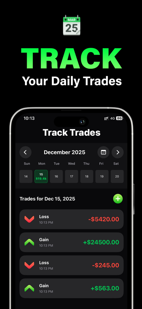 TraderKit - Trading Assistant - Interfaz de la aplicación TraderKit que muestra un calendario y un registro diario de ganancias y pérdidas de operaciones.