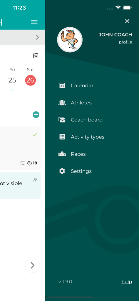 Menú de navegación lateral de la aplicación Good Coach para entrenadores que muestra secciones de calendario y atletas.