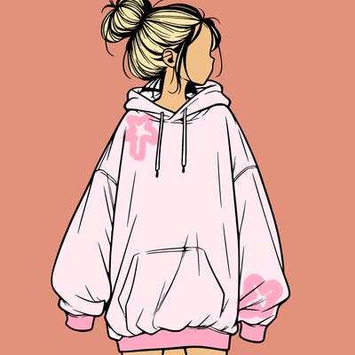 realistic girl with a oversized sweatshirt on and a bun