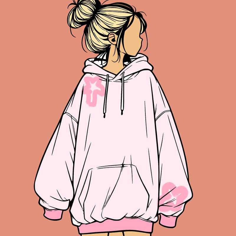 realistic girl with a oversized sweatshirt on and a bun