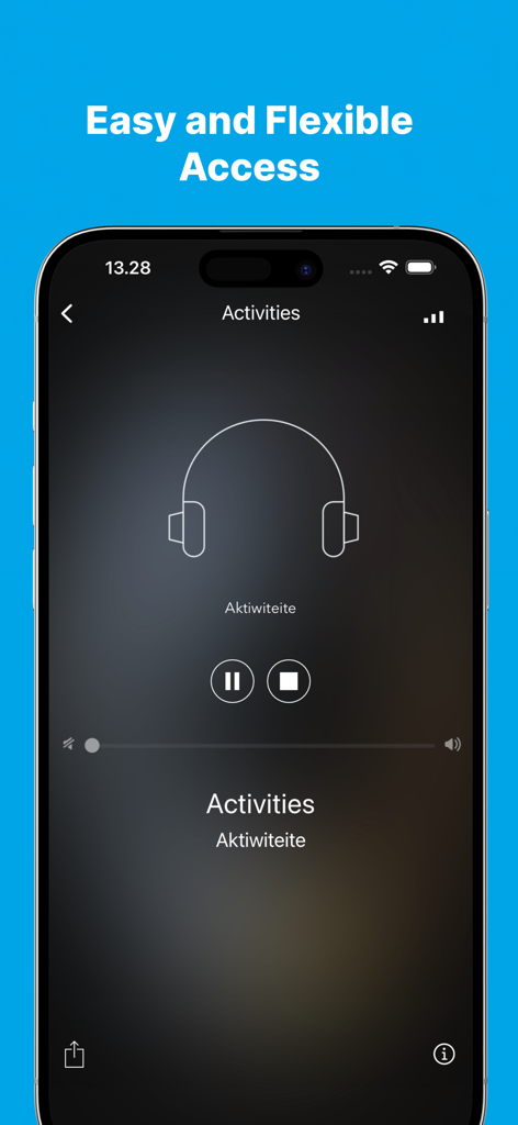 Audio lesson interface of the Afrikaans learning app showing playback controls and vocabulary translation
