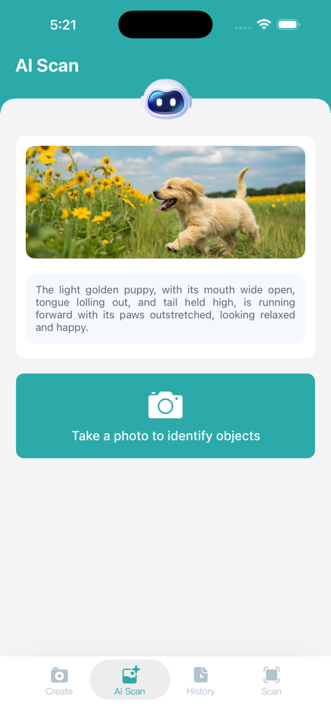 QR Toolkit - Scan&Code - Interface of the AI Scan feature in the QR Toolkit app showing object identification of a puppy in a field
