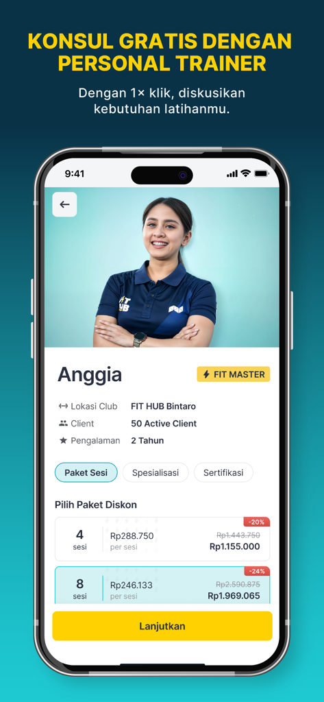 FIT HUB mobile app showing a personal trainer profile with discounted session booking packages.
