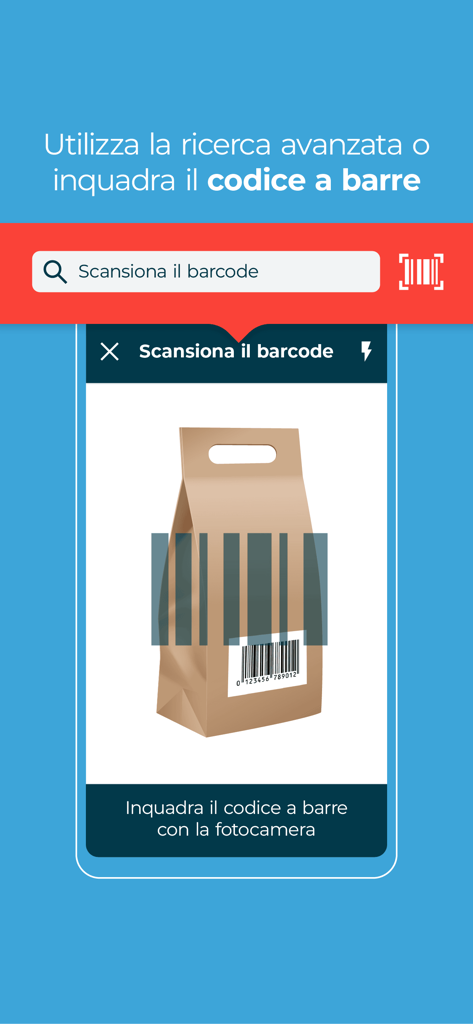 Interface de l'application Trovaprezzi montrant la fonction de numérisation de codes-barres pour trouver les meilleurs prix des produits.