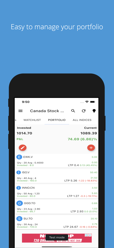 Interface de gestion de portefeuille de l'application Canada Stock Market Live montrant la performance des actions en temps réel et les données de profit.