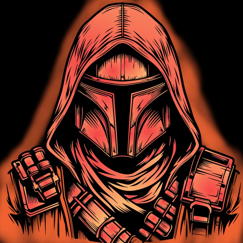 realistic warrior bounty hunter with mask and hood on