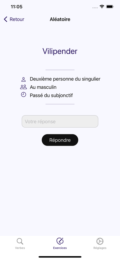 Savoir Conjuguer - Übungsbildschirm der Savoir Conjuguer App mit einem Quiz zur französischen Verbkonjugation für das Verb Vilipender