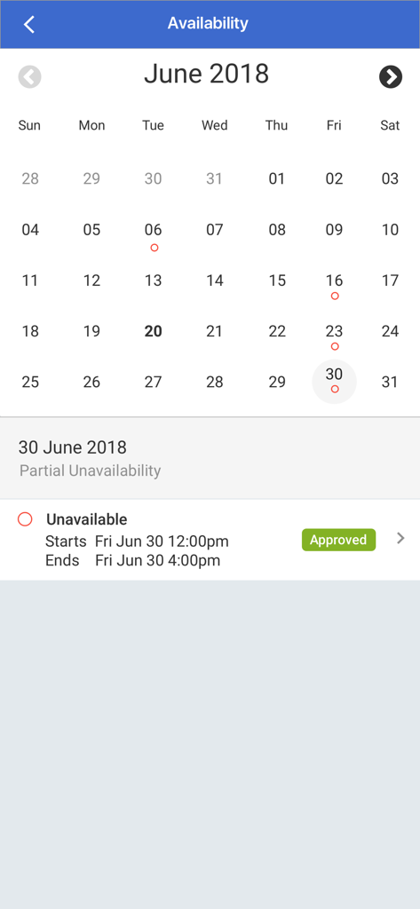 LIFELENZ app availability screen showing a monthly calendar with an approved unavailability request for a specific date.