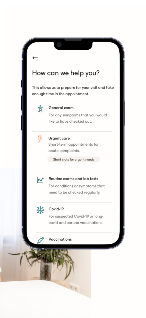 Avi Medical - Avi Medical App-Oberfläche zur Auswahl medizinischer Leistungen wie Notfallversorgung und Impfungen